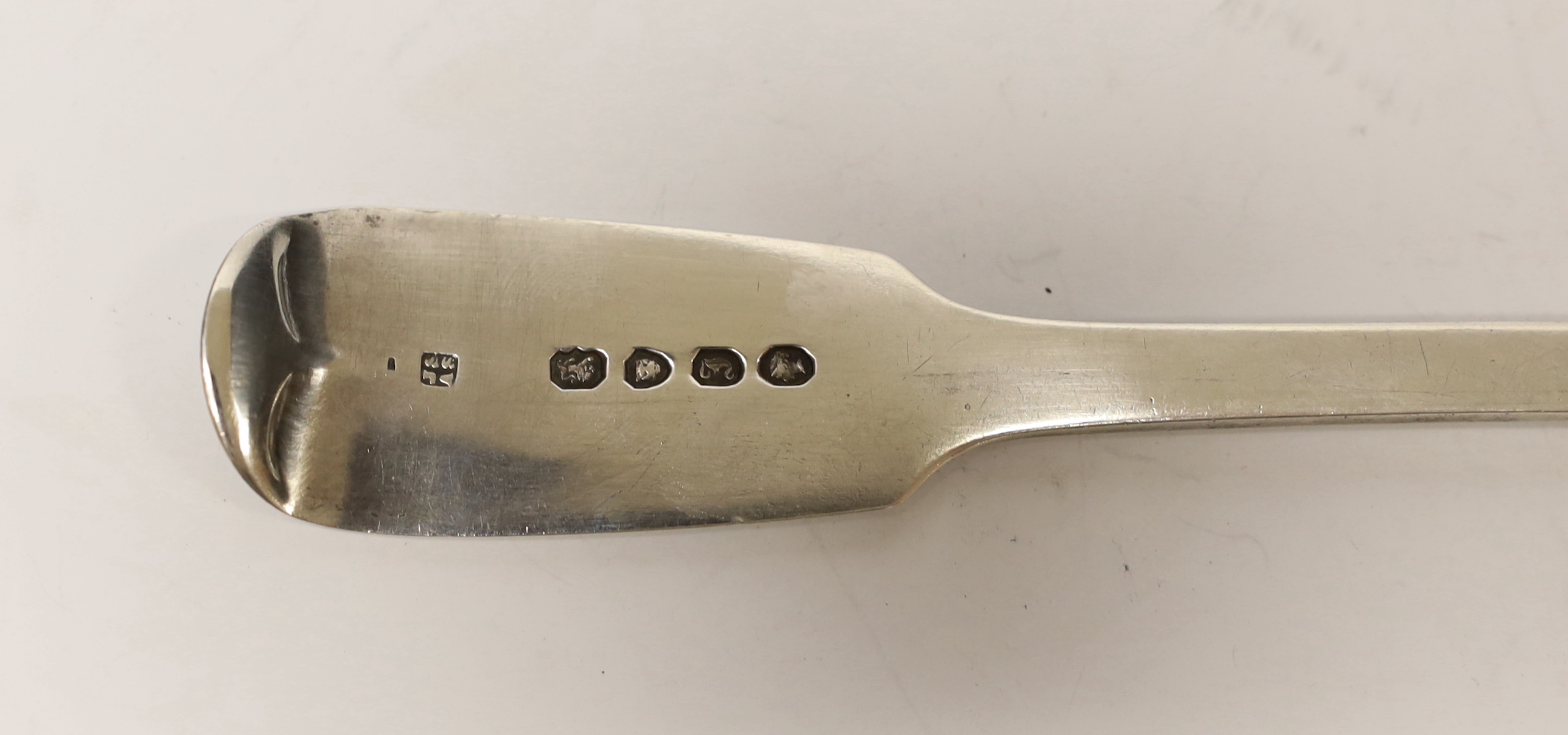 An early Victorian silver fiddle pattern fish slice, Joseph & Albert Savory, London, 1844, 31.5cm, 4.2oz.
